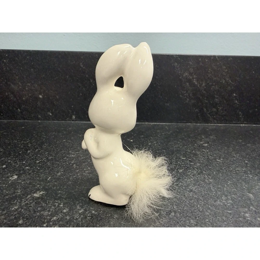 Vintage Ceramic Bunny Rabbit Figurine w Fur Tail Pink Tulle Easter Centerpiece‎